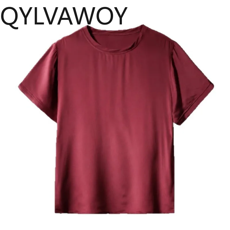 QYLVAWOY T Shirt Thin Summer Tops 100% Mulberry Silk Men's Shirts Solid Short Sleeve Shirt Loose T Shirt Homme Large Size 반팔티