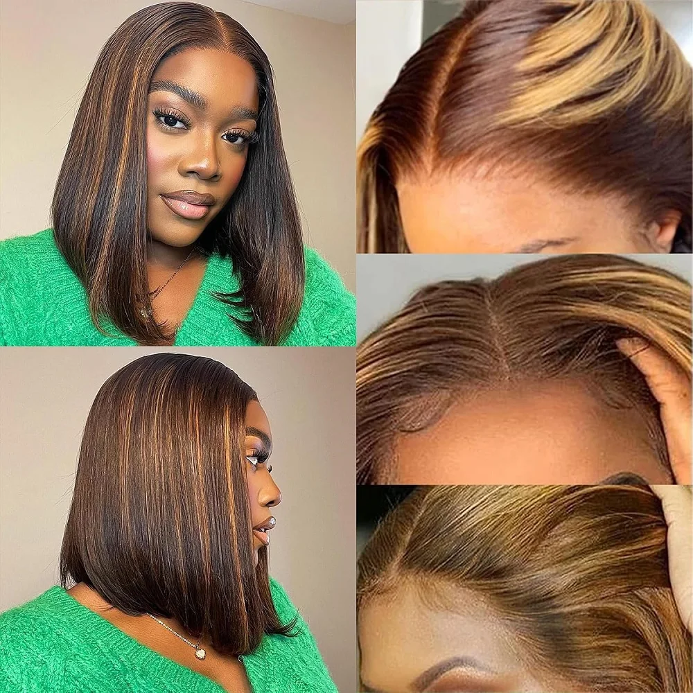 Peruca de cabelo humano 14 Polegada 6x4 hd transparente frente do laço bob perucas de cabelo humano 4/27 ombre mel loira em linha reta laço frontal bob peruca