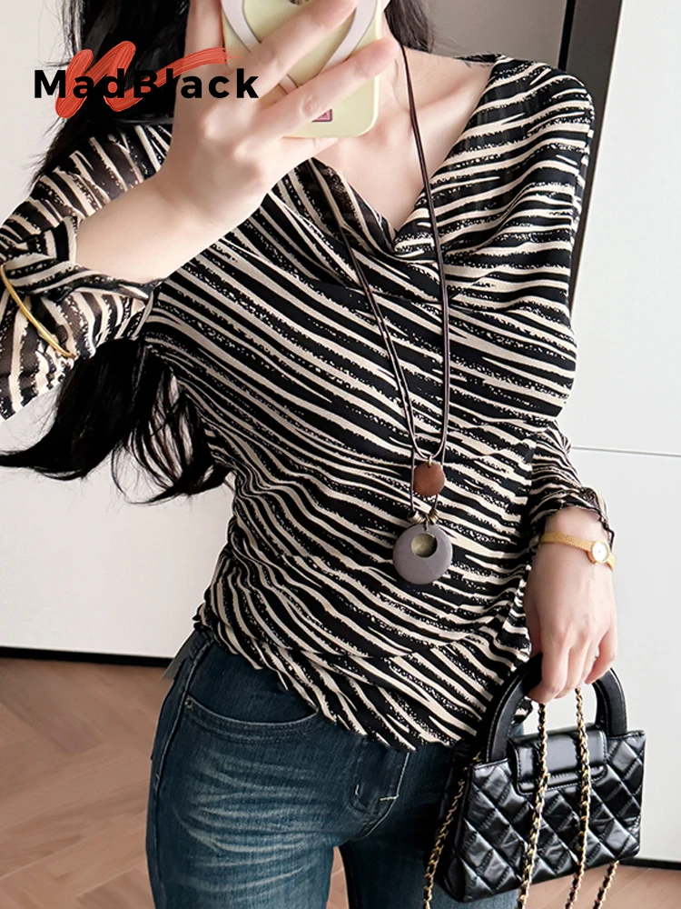 

MadBlack-Women European T-Shirt, Sexy V Neck Striped Print, Clubwear Long Sleeve Slim Mesh S-3XL Tee, 2025 Autumn New T58811CC