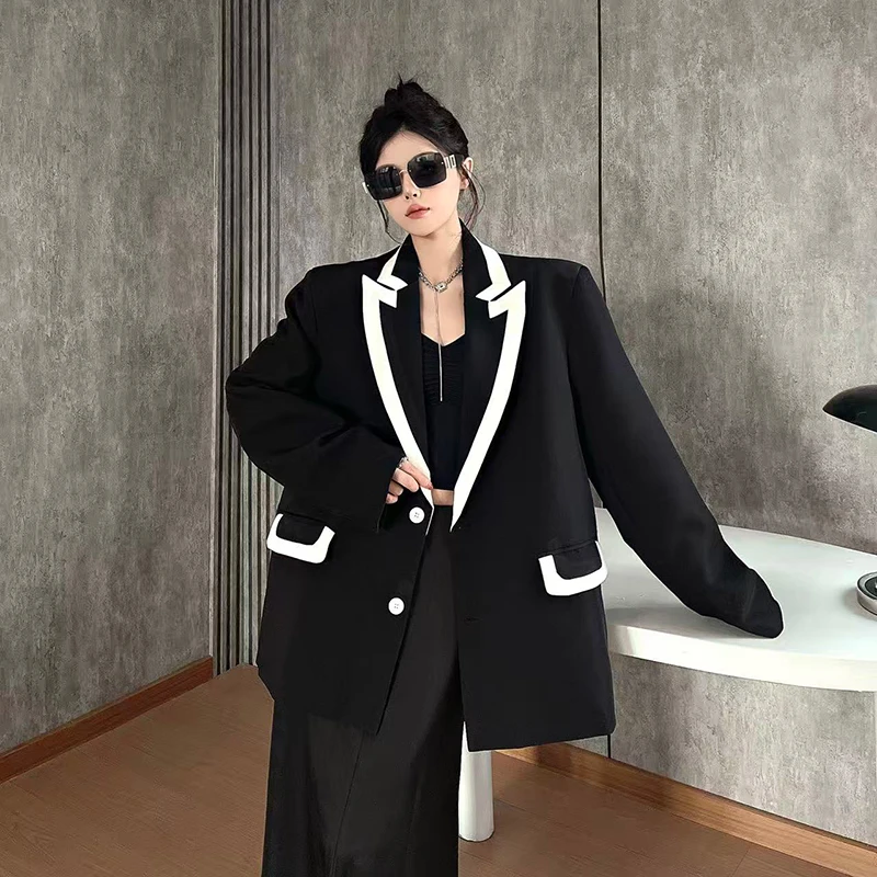 

SuperAen черно-белая куртка контрастного цвета для женщин, новый весенне-осенний свободный повседневный лоскутный пиджак в корейском стиле