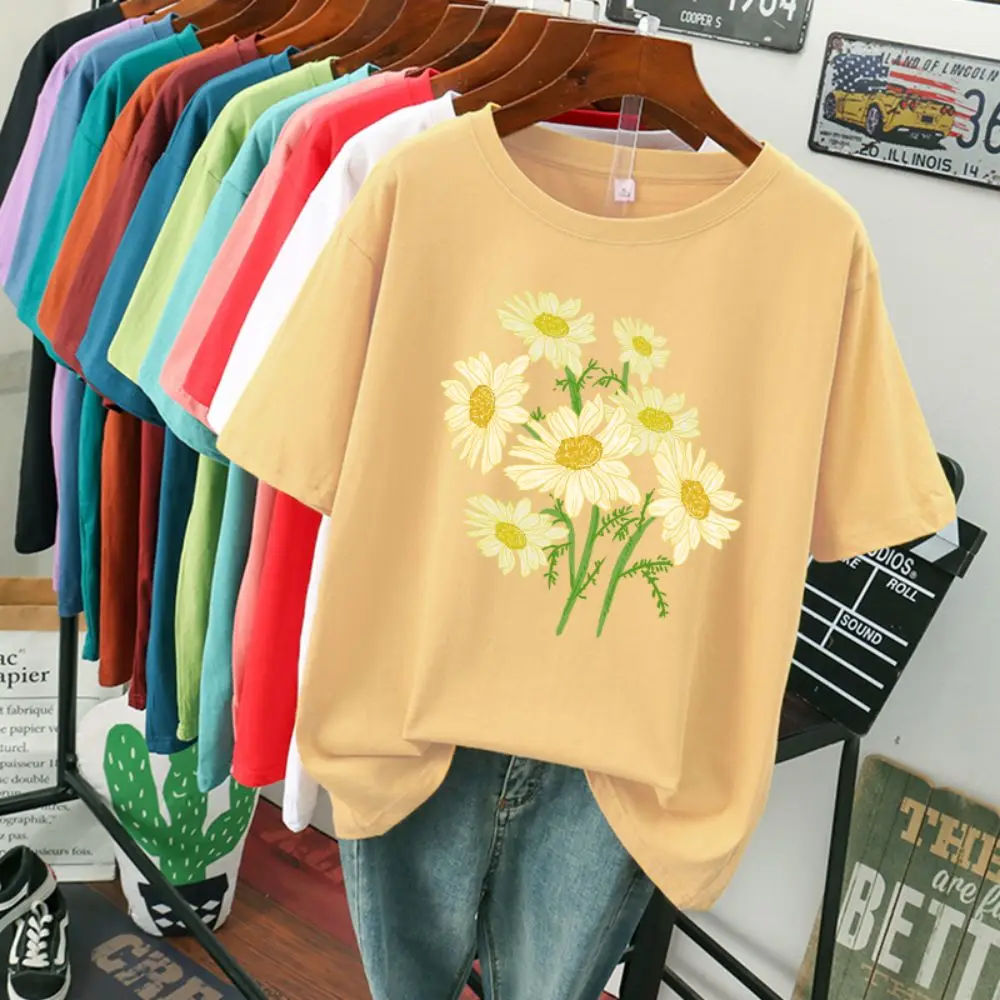 Street Cotton Woman T-Shirts Fresh Harajuku Yellow Chrysanthemum Flower Prints Tops Loose O-Neck Soft Tee Shirts Female Clothes