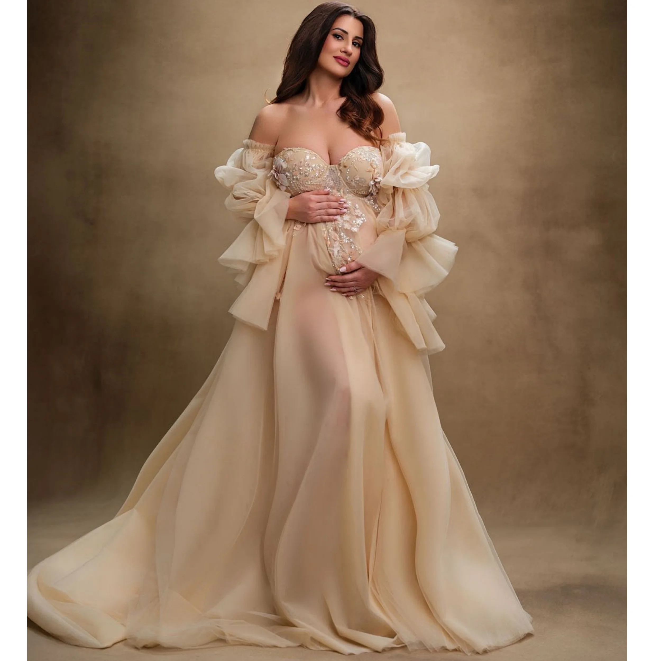 

Light Champagne Maternity Dress Sweetheart High Slit Prom Dress for Pregnant Women Customized Lace Appliqued Babyshower Gowns