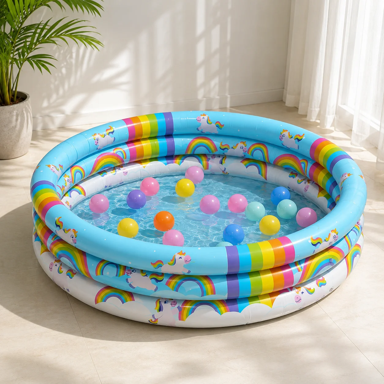 Inflatable Ball Pit Rainbow Unicorn 3 Ring Portable Play Pool Easy Inflate Indoor Outdoor Garden Backyard