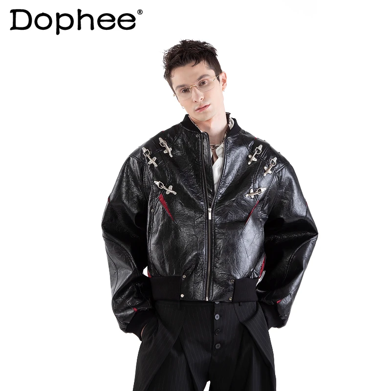 

2025 Men's Autumn New Trendy Long Sleeve Leather Jackets Metal Splicing Motorcycle Coats Male Handsome Chic Faux Leather Jackets