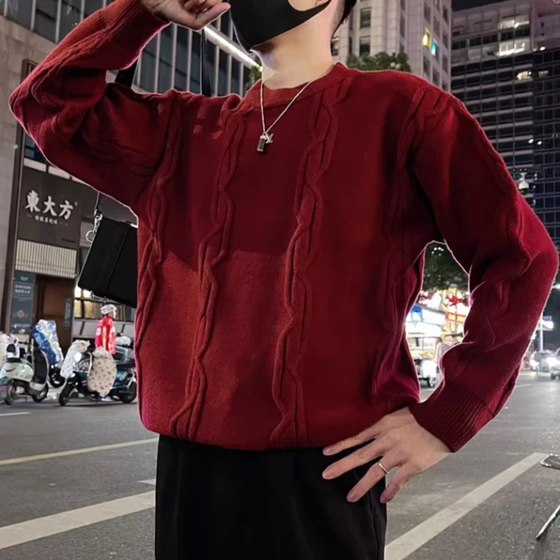 

Осенне-зимний мужской вязаный свитер, полосатый жаккардовый свитер с круглым вырезом, облегающий повседневный деловой пуловер с длинными рукавами