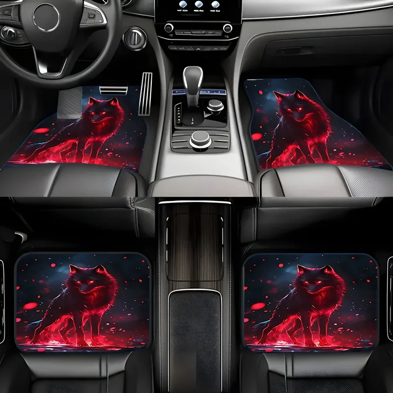 

4pcs Red Glowing Wolf Floor Mats - Non-Slip Car Mats With Full Coverage (Front, Rear, Trunk), Fit For All Vehicles - Heavy-Duty