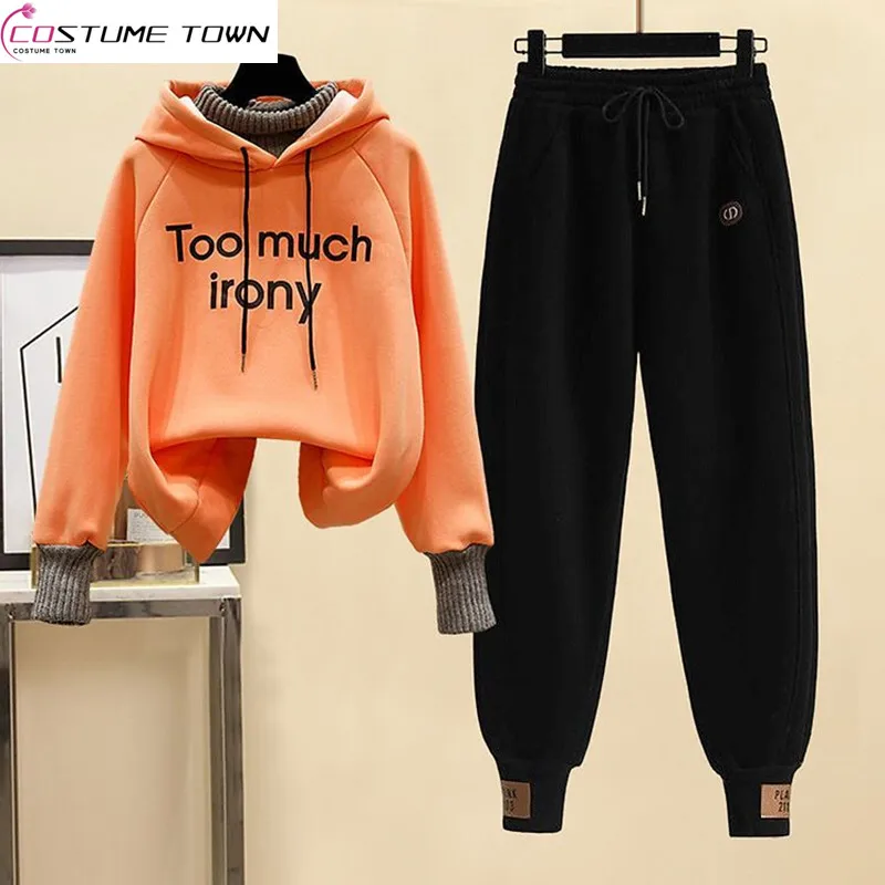 Plush and Thickened Women\'s Set 2023 Autumn/winter Korean Version Loose Fitting Age Reducing Top Casual Pants Two-piece Set