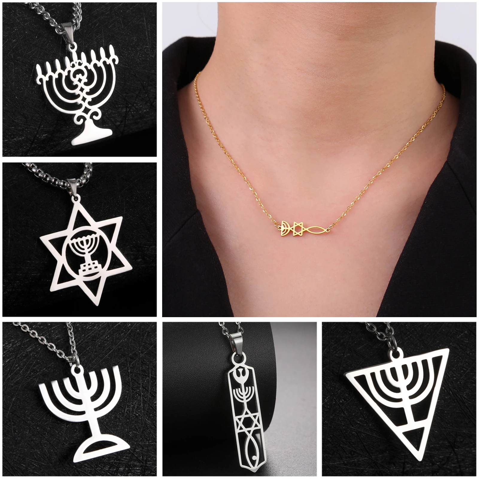 Unift David Star Necklace Ethnic Jewish Menorah Pendant Necklace Stainless Steel Clavicle Chain for Women Men Jewish Gifts