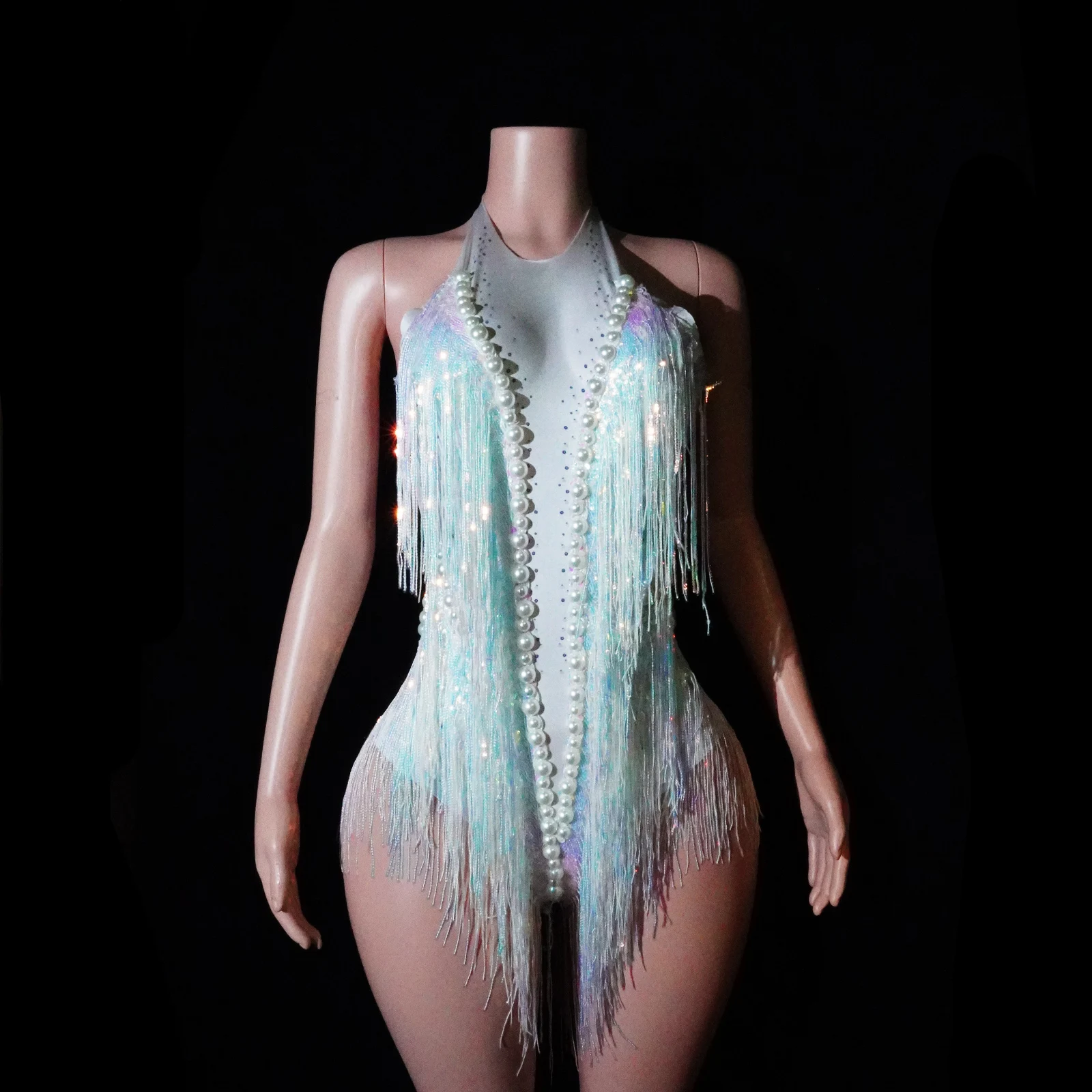 

Sexy Sparkling Rhinestones White Round Neck Bodysuit Sequin Fringe Leotard Singer Dancer Stage Wear Performance Nightclub Outfit