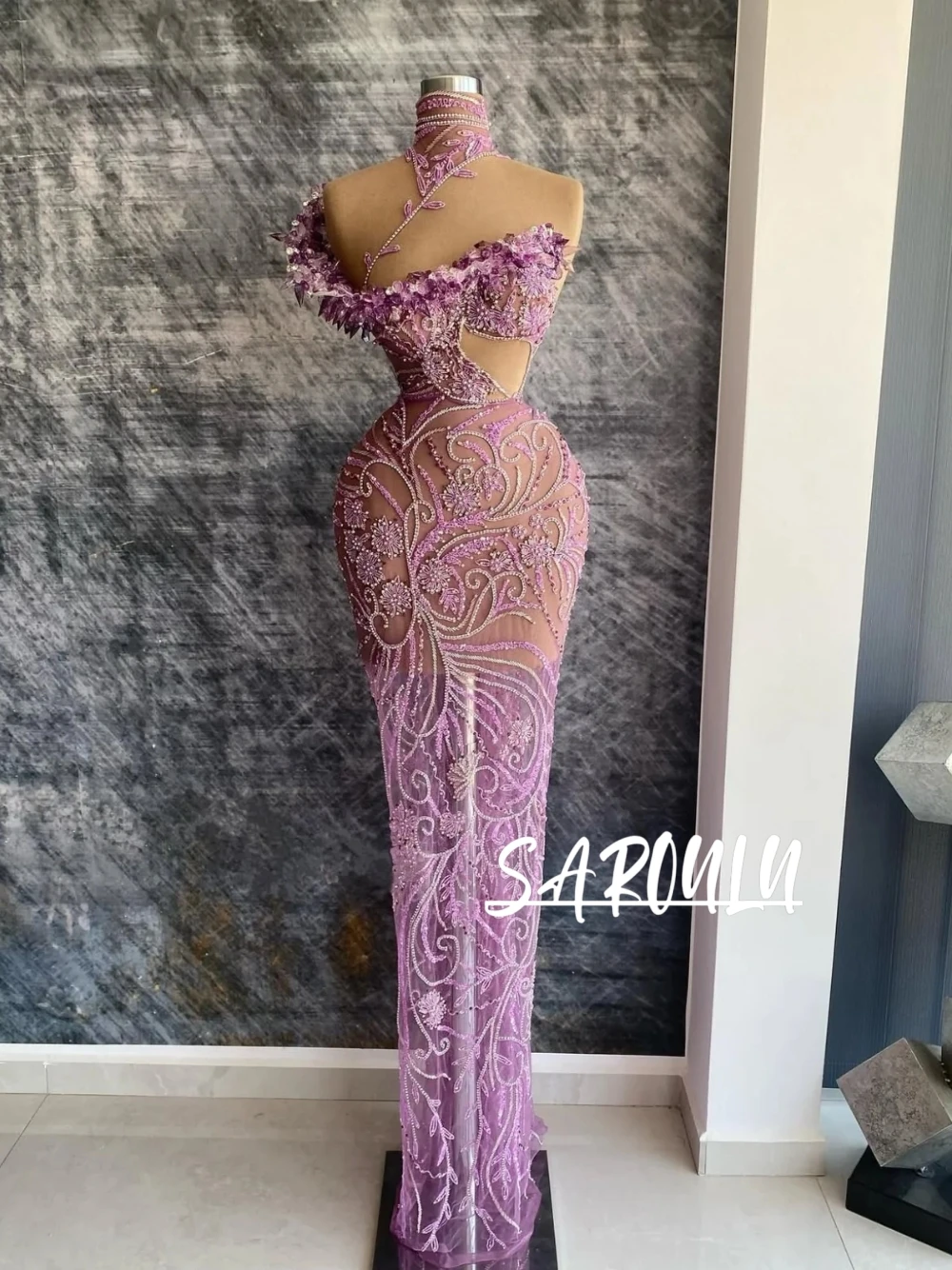 

Luxury 3D Floral Crystal Applique Evening Dress One Shoulder Turtleneck Sexy Illusion Cutout Bodycon Mermaid Cocktail Gala Gown