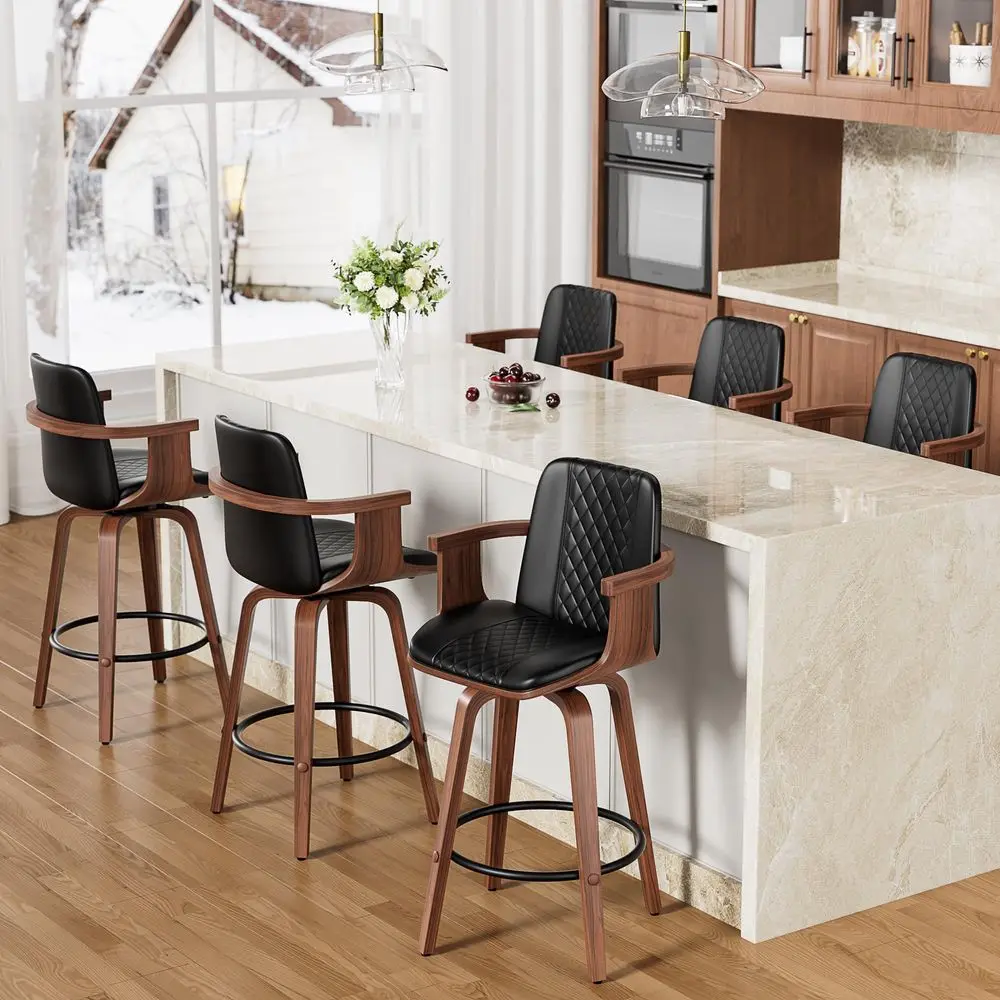 

Bentwood Barstools with Wooden Arms, Bar Stools Set of 6, Mid Century Modern Counter Height Swivel Bar Chairs PU Leather with H