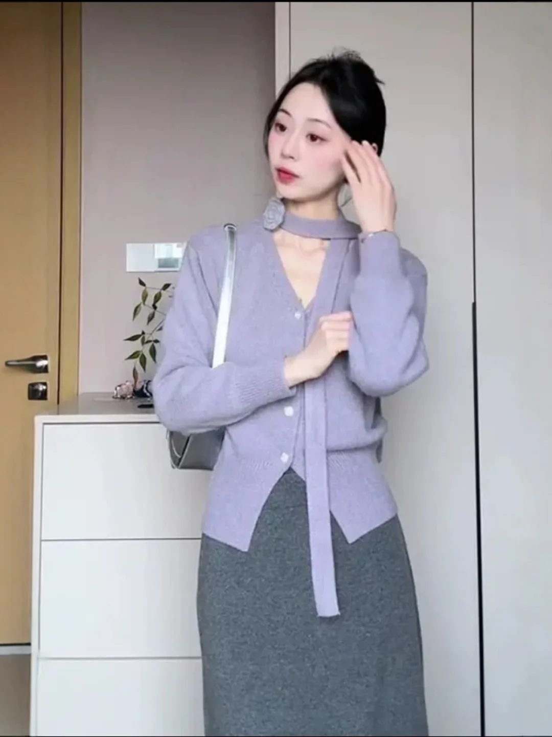 

Purple V-Ne Knitted Sweater Women's Autumn Winter Loose Slimming Top with Belt Soft Cozy Open Cardigan Straight Cut Cotton