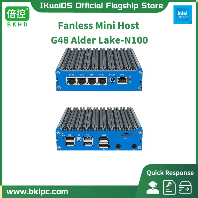 

IKuaiOS Fanless Mini PC N100 4LAN Intel i226 2.5GbE Compatible Pfsense Vyos Mikrotik for Firewall Router Host G48S 1264NP 4L