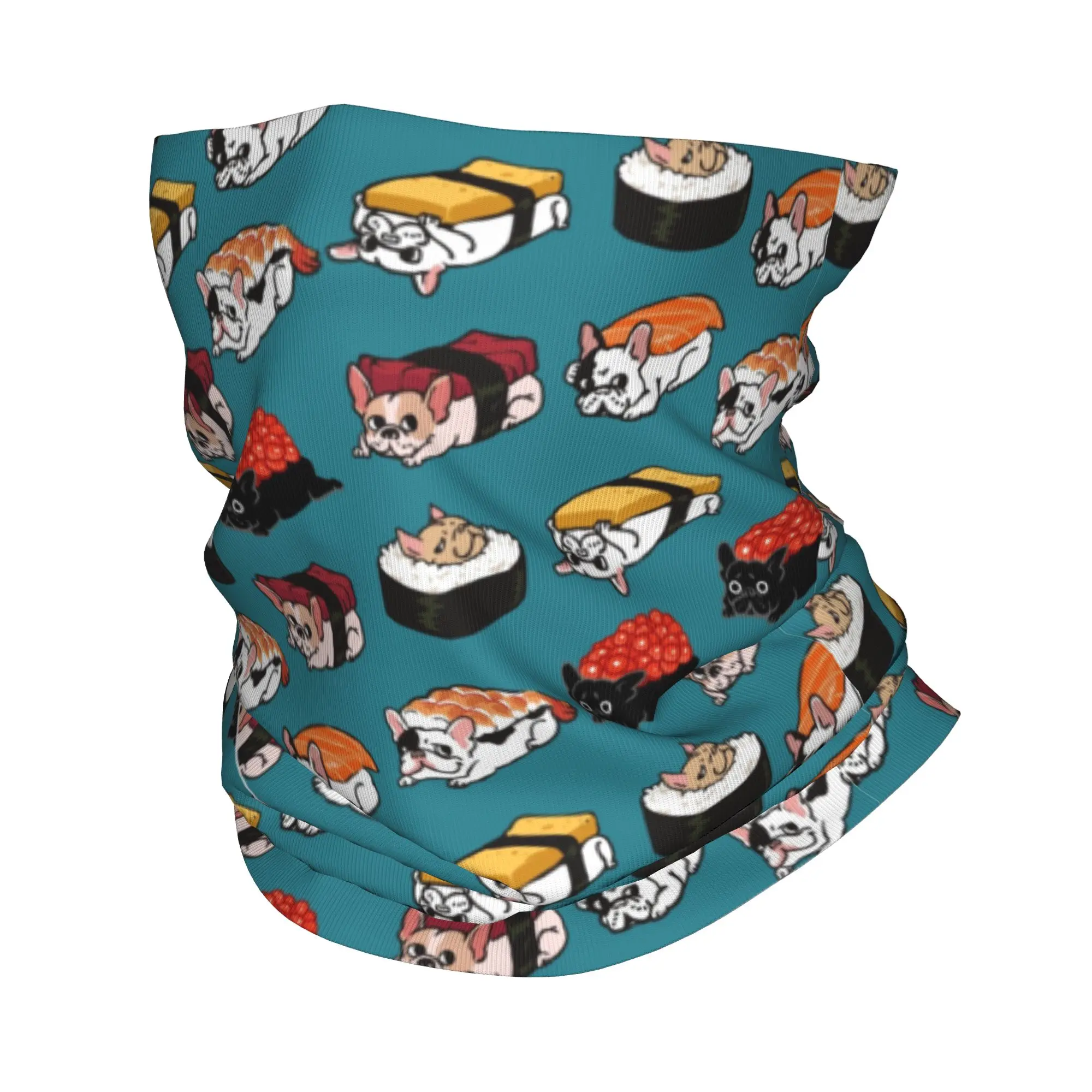 

Custom Sushi Frenchie Bandana Neck Gaiter Windproof Face Scarf Cover Women Men French Bulldog Headwear Tube Balaclava