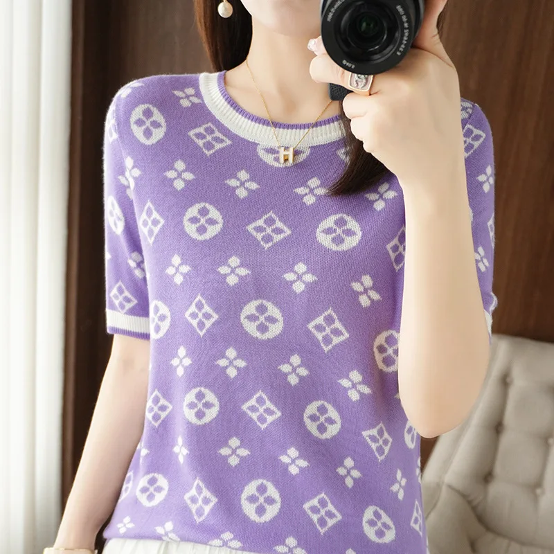 

Summer New Loose Cotton And Linen Letter Short T-Shirt For Women With Round Neck Color Blocking Half Sleeved Women's Top