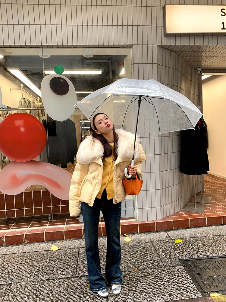 연노랑 여성용 숏 패딩 2024 신상 따뜻하고 포근한 한국 스타일 출퇴근 나일론 화이트 덕다운 충전재