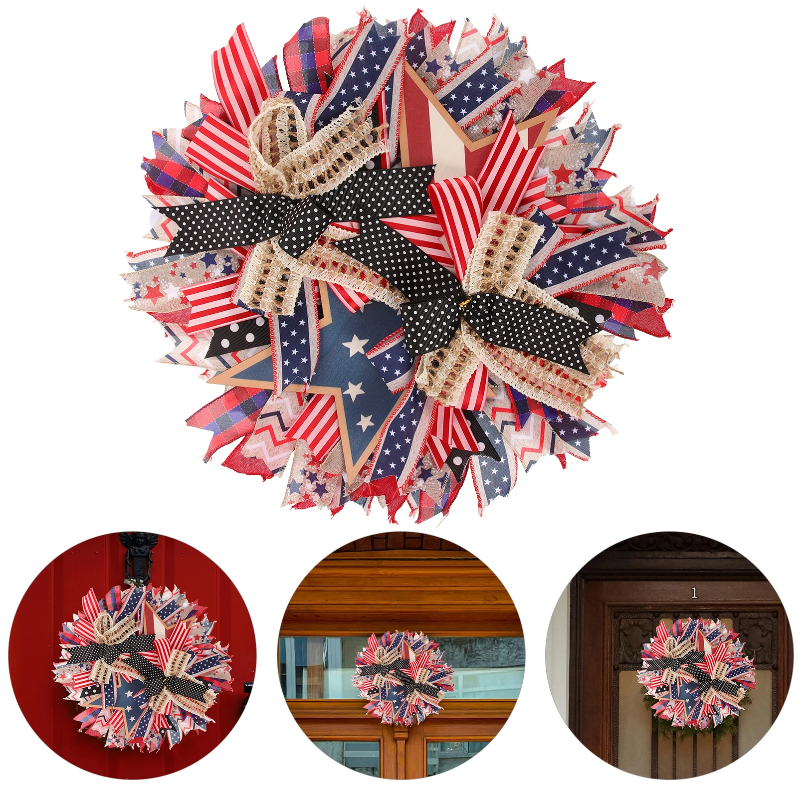 

American Patriotic Wreath 45x45cm Five-pointed Star Wooden Sign Door Hanging Decoration for Independence Day Front Wall