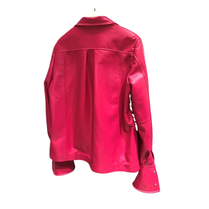 2024 new rose red leather pointed collar and large sleeves are very featured sheepskin shirt natural leather