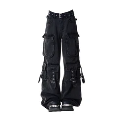 American Style Multi Pocket Black Cargo Jeans Women Vintage High Street Loose Wide Leg Denim Trousers Spring Autumn Streetwear