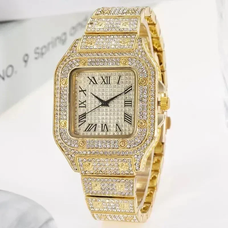 Watches Gold Silver Rose Gold Color Alloys and Bling Rhinestone Square Dial Hip Hop Quartz Watches Are for Perfect Gift