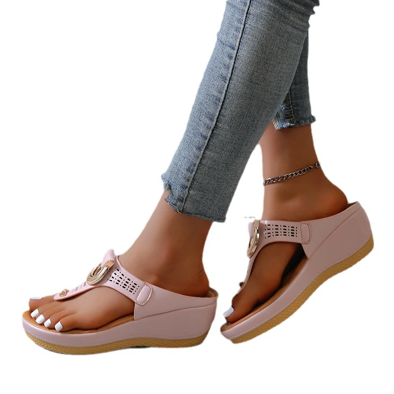 

Summer flip-flops with wedge metal buckle women's casual platform wear beach