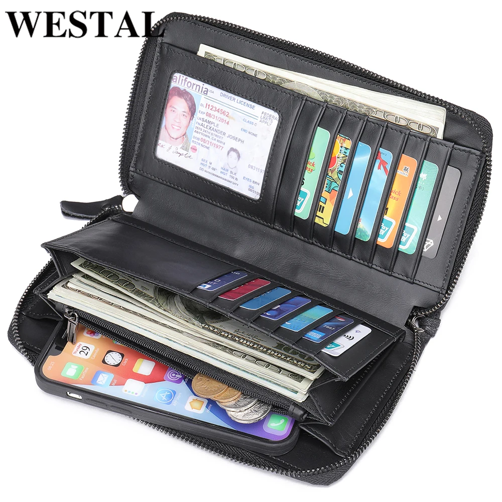 

WESTAL Men's Wallet Genuine Leather Money Clip Long Card Wallet Male Purse Rope Zipper Handbag Money Bag Men's Clutch Bag 1032