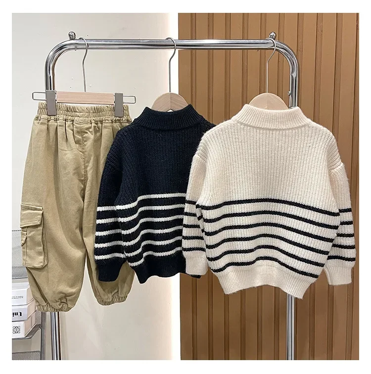 Sweater Autumn Season New Children Clothing Korean Simplicity Stand Up Collar Boys Zipper Pullover Knit Shirt Striped