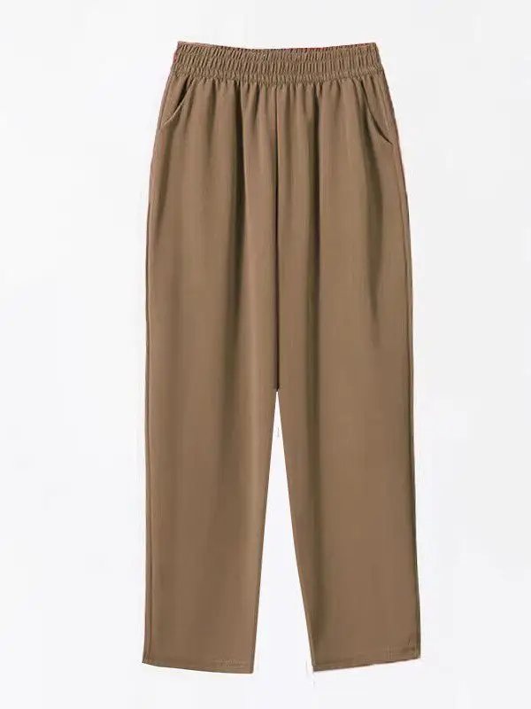 Ice Silk Hemp Casual Pants Women's Summer Thin Nine Points Loose Straight Leg Pants Large Size High Waist Elastic Waistband
