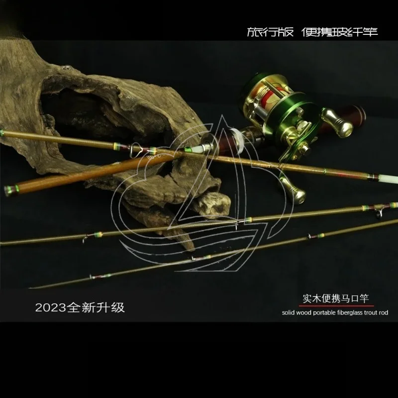 5-Section Hollow Fiberglass Trout Rod, Portable Multifunctional Slingshot Pole with Handmade Solid Wood Grip