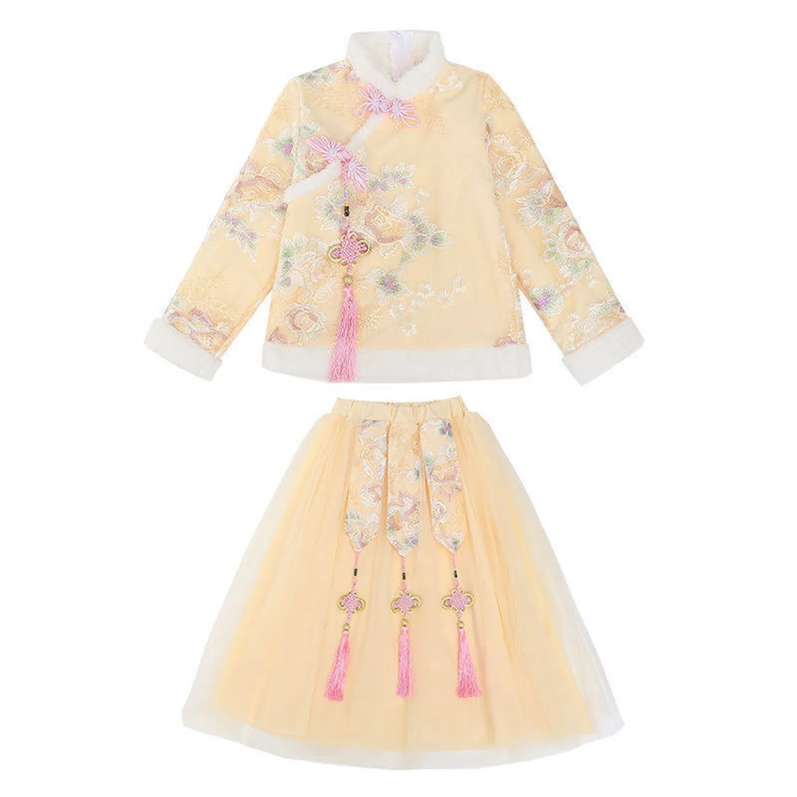 Chinese New Year Kids Dress Baby Girls Children Fairy Hanfu Fleece Lined Warm Embroidery Coat Jacket Tops+Princess Tulle Skirts image 6