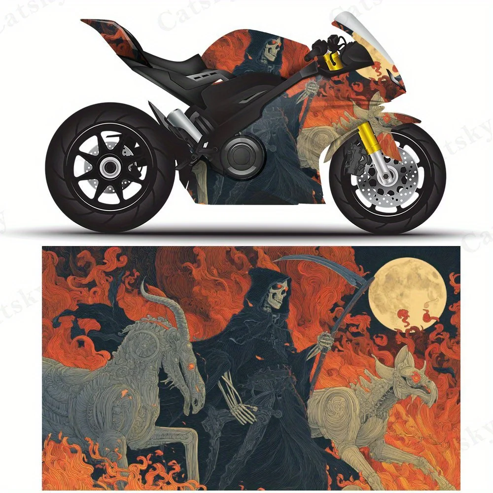 

Наклейки на мотоциклетную пленку Grim Reaper & Flames Dark, прочные клейкие наклейки из ПВХ для индивидуальной настройки мотоцикла, устойчивые к атмосферным воздействиям