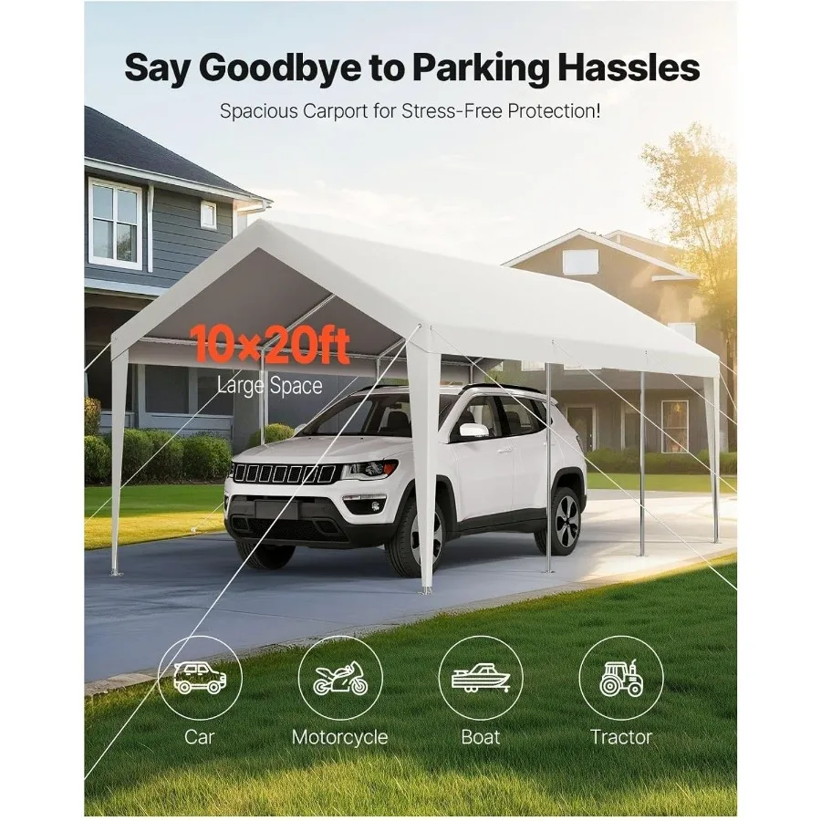 Carport Car Canopy 10x20 FT For Outdoor Parking Use Heavy Duty Polyethylene White With Reinforced Steel Frame