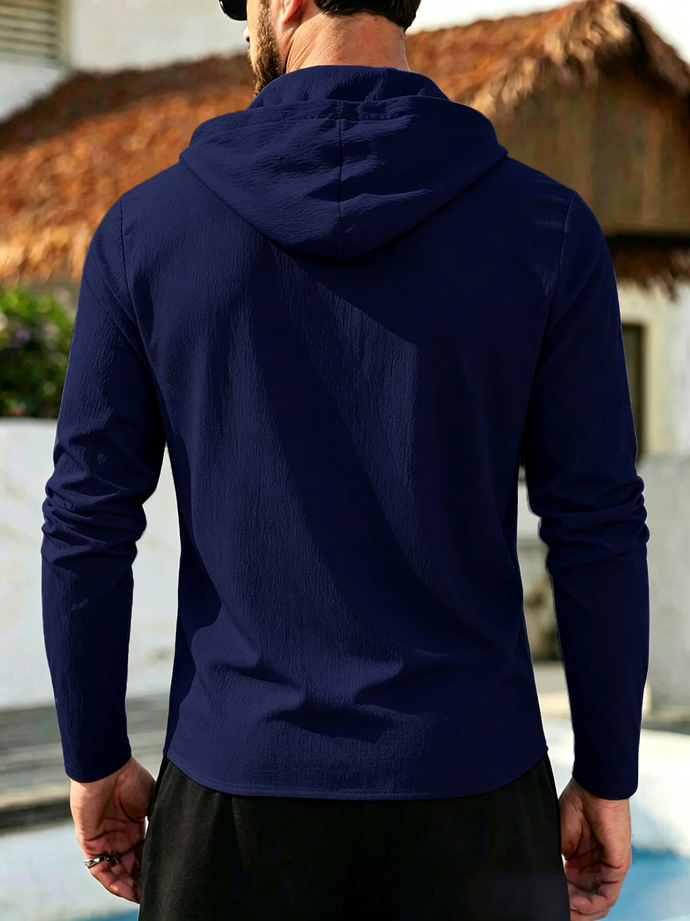 Men Hooded Button Down Shirts Long Sleeve Crinkled Texture Drawstring Hood Casual Beach Vacation Shirts Full Button