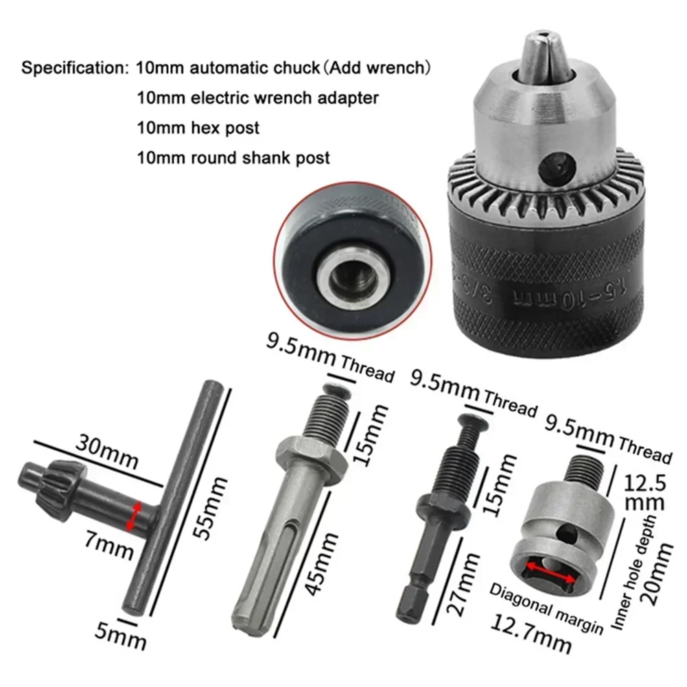 

1.5-10mm 3/8-24UNF Drill Chuck Set Electric Wrench Conversion Head Hex Post Round Shank Post Impact Driver Wrench Connecting Rod