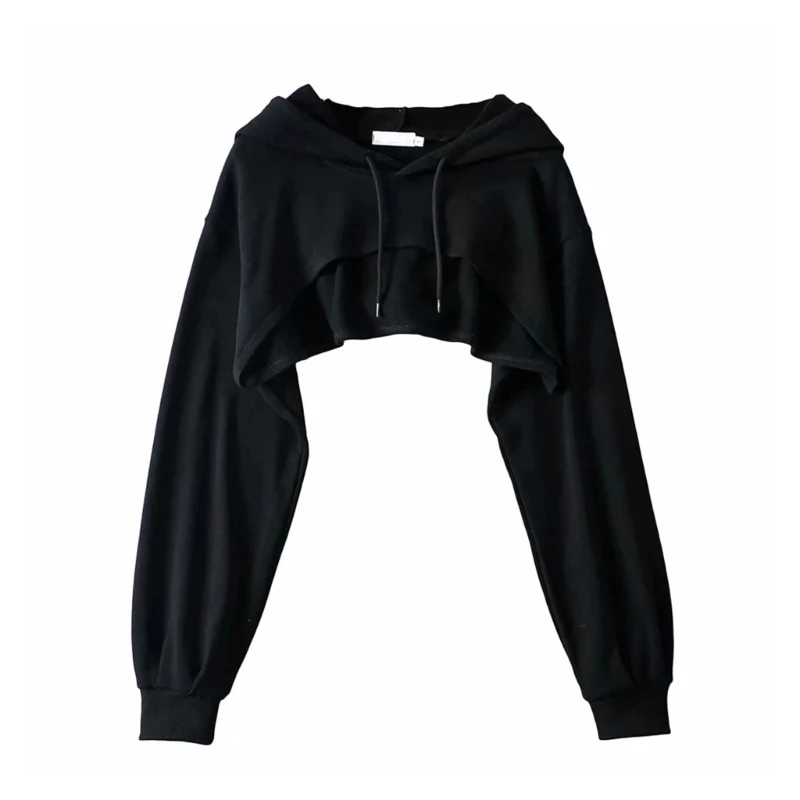 Womens Long Sleeve Loose Super Crop Top Harajuku Hip-Hop Dance Solid Color Basic Sexy Cutout Cropped Hoodie Sweatshirt DropShip