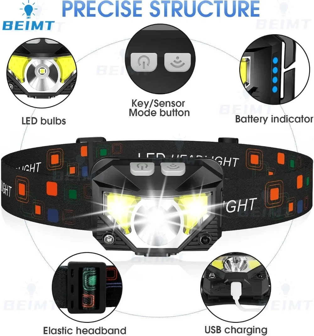 モーションセンサー付きミニLEDヘッドランプ,xpe cob,USB充電式ヘッドランプ,8モード,キャンプや釣りに最適