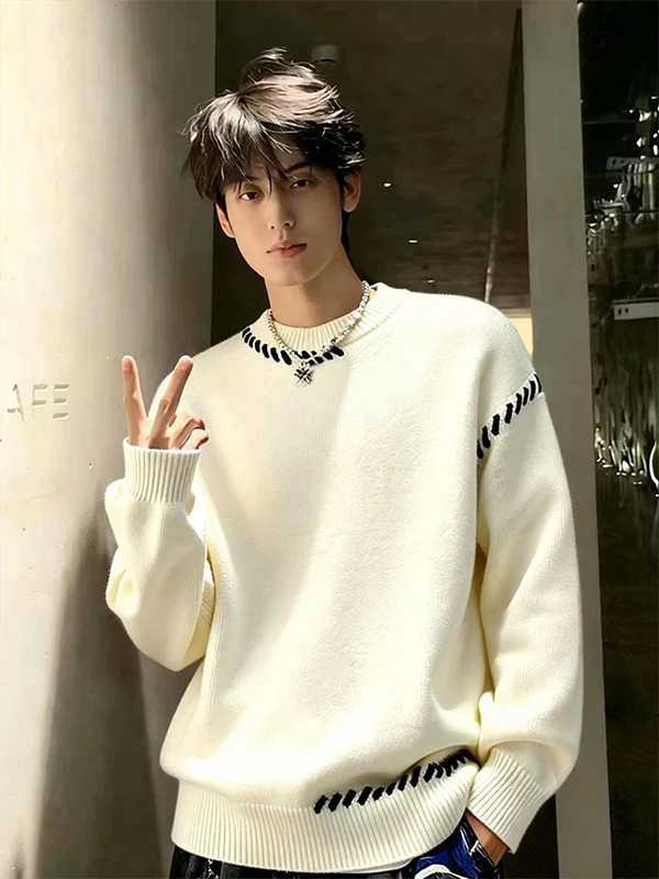 

Утепленный мужской вязаный свитер с круглым вырезом для зимы, повседневный, свободного кроя, с длинным рукавом, базовый слой для ношения под одеждой