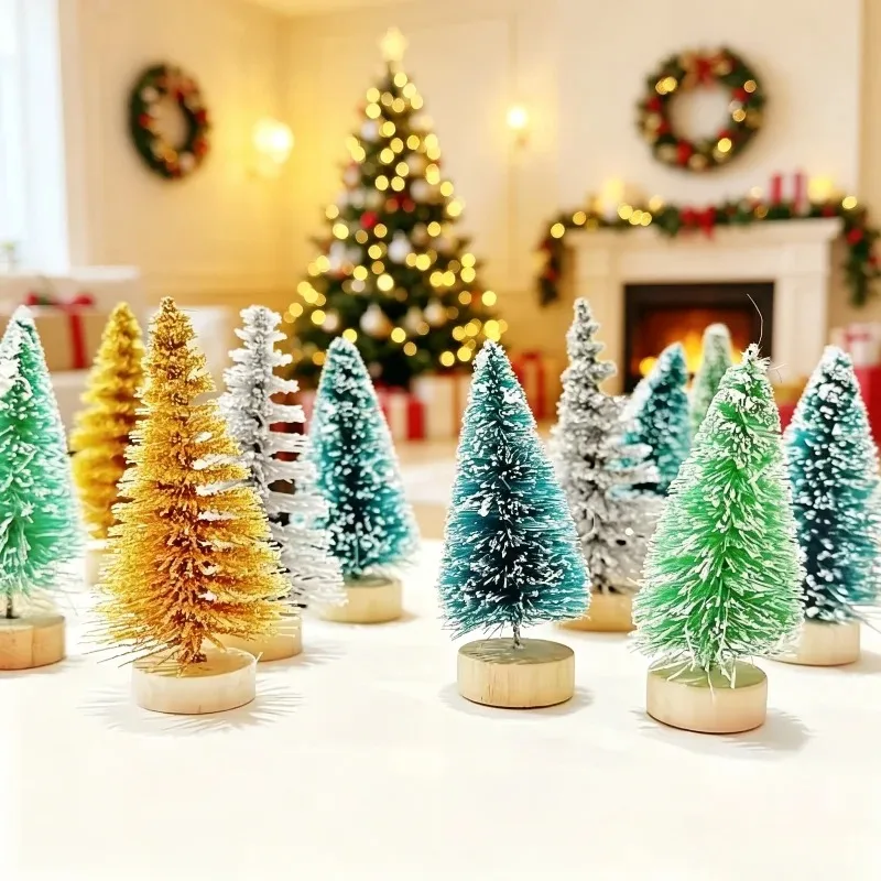 10-100PCS Mini Christmas Bottle Brush Trees Village Ornaments Plastic Trees with Wooden Base Miniature Xmas Tree Decorations Set view 2