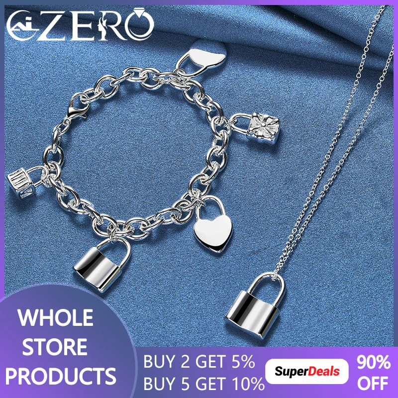 

ALIZERO 925 Sterling Silver Lock Pendant Necklace Bracelet Set For Woman Man Fashion Charm Wedding Engagement Party Jewelry