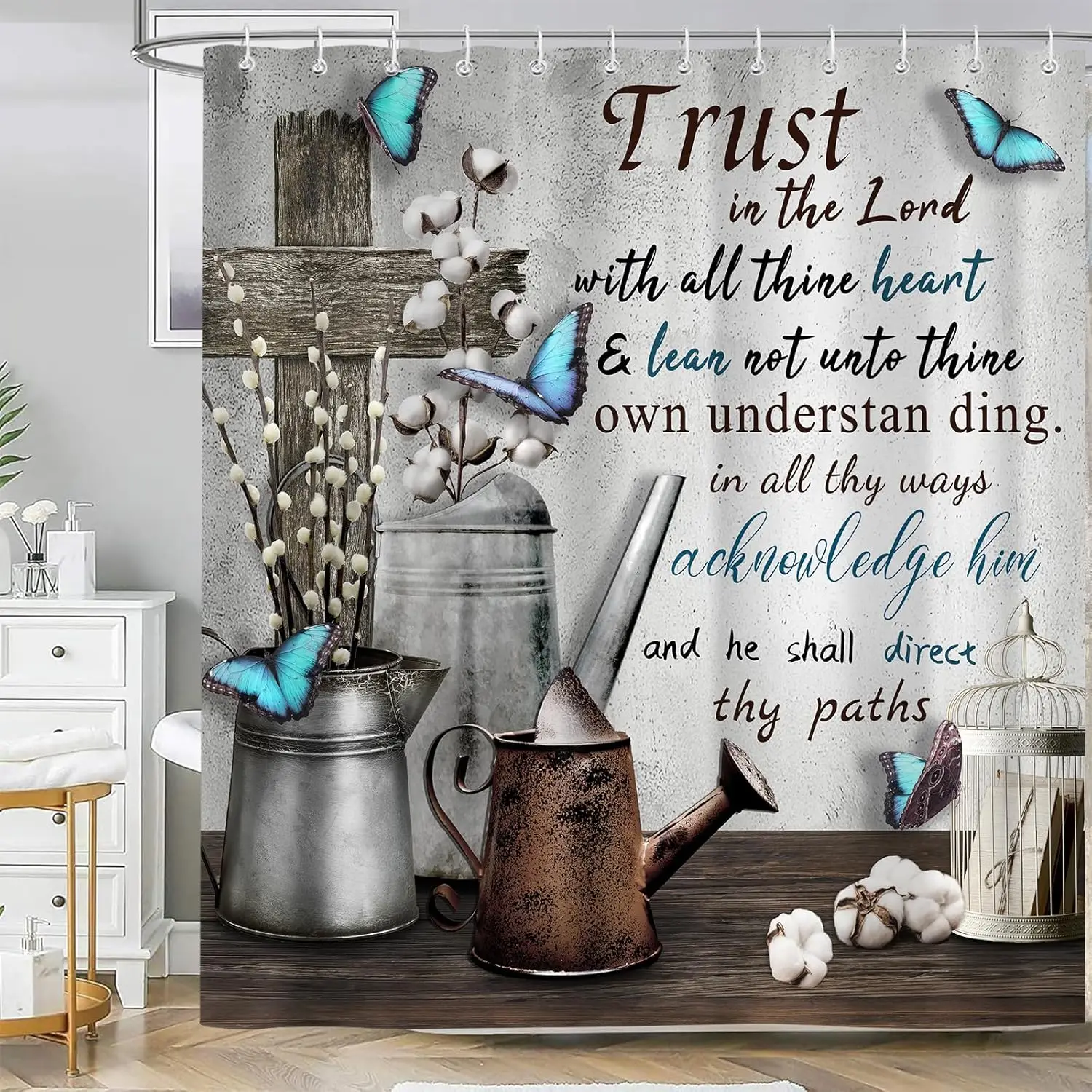

Rustic Farmhouse Shower Curtain, Bible Verse Inspirational Quotes Country Farm Bath Curtains, Grey Vintage Waterproof Fabric Bat