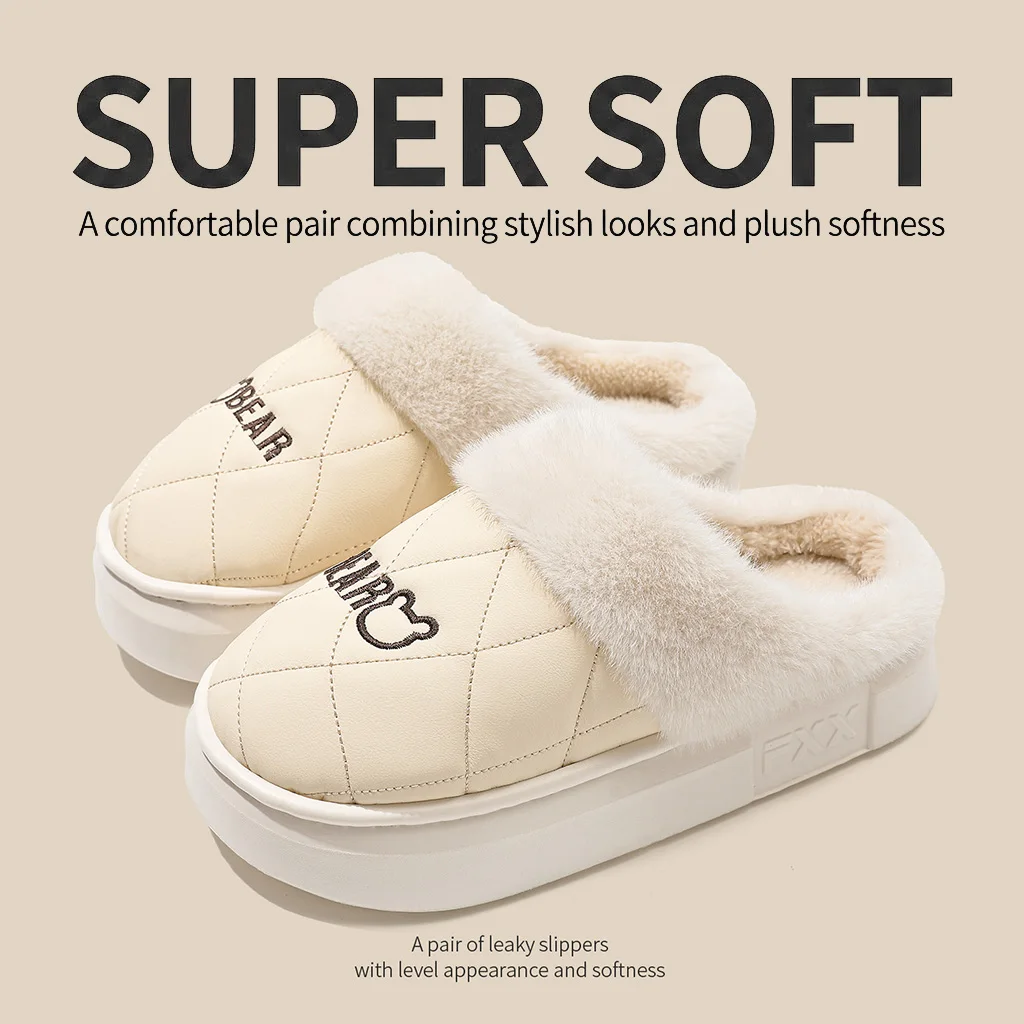 Unisex Winter Warme Plüsch-Hausschuhe für Damen und Herren, niedliche Bären-Stepphausschuhe mit Plateausohle, wasserdicht, rutschfest, für drinnen und draußen, Mules – Detail 11