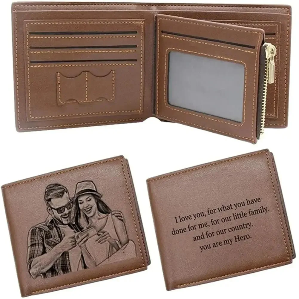 Personalized Picture Name Wallet Engraved Photo Short Purse Custom Folding Wallet Gifts for Him Men for Dad Father's Day Husban
