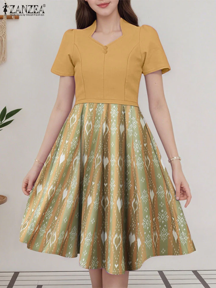 ZANZEA Vrouwen Stijlvolle Feestjurk Elegante Werkjurken Met Korte Mouwen Vierkante Hals Patchwork Vestidos Zomer Gedrukt Zonnejurk