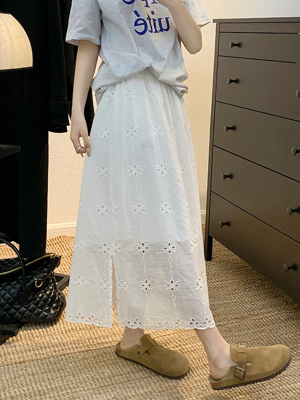 

Белая асимметричная юбка трапециевидной формы с высокой талией, корейские юбки средней длины для поездок на работу, длина до пола, ажурный дизайн для женщин