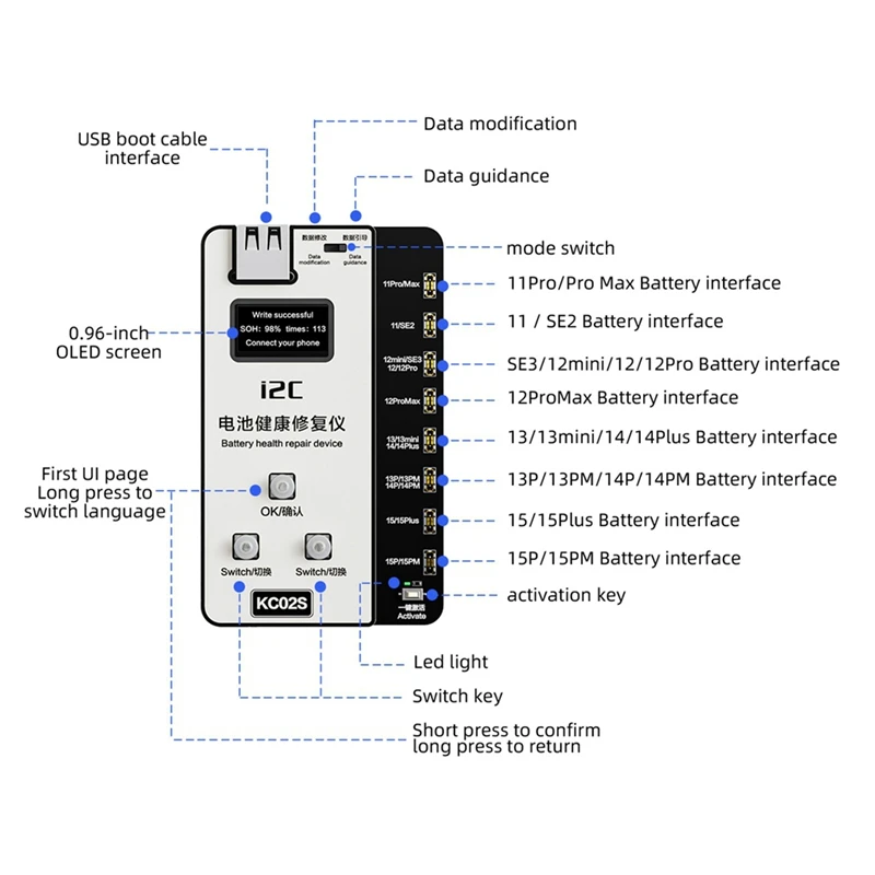 KC02S Battery Health Repair Device For Iphone 11-15PM Battery Free External Cable Change Efficiency Easy Install Easy To Use