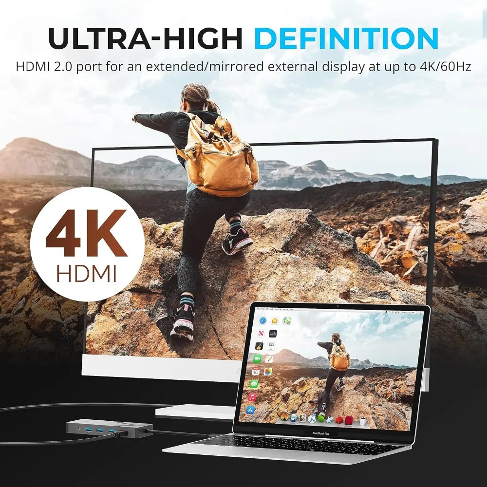 محور USB-C ذو 6 منافذ مع حاوية M.2 SSD، 90 وات PD، منافذ USB 3.0/2.0، 4K HDMI، RJ45 جيجابت إيثرنت