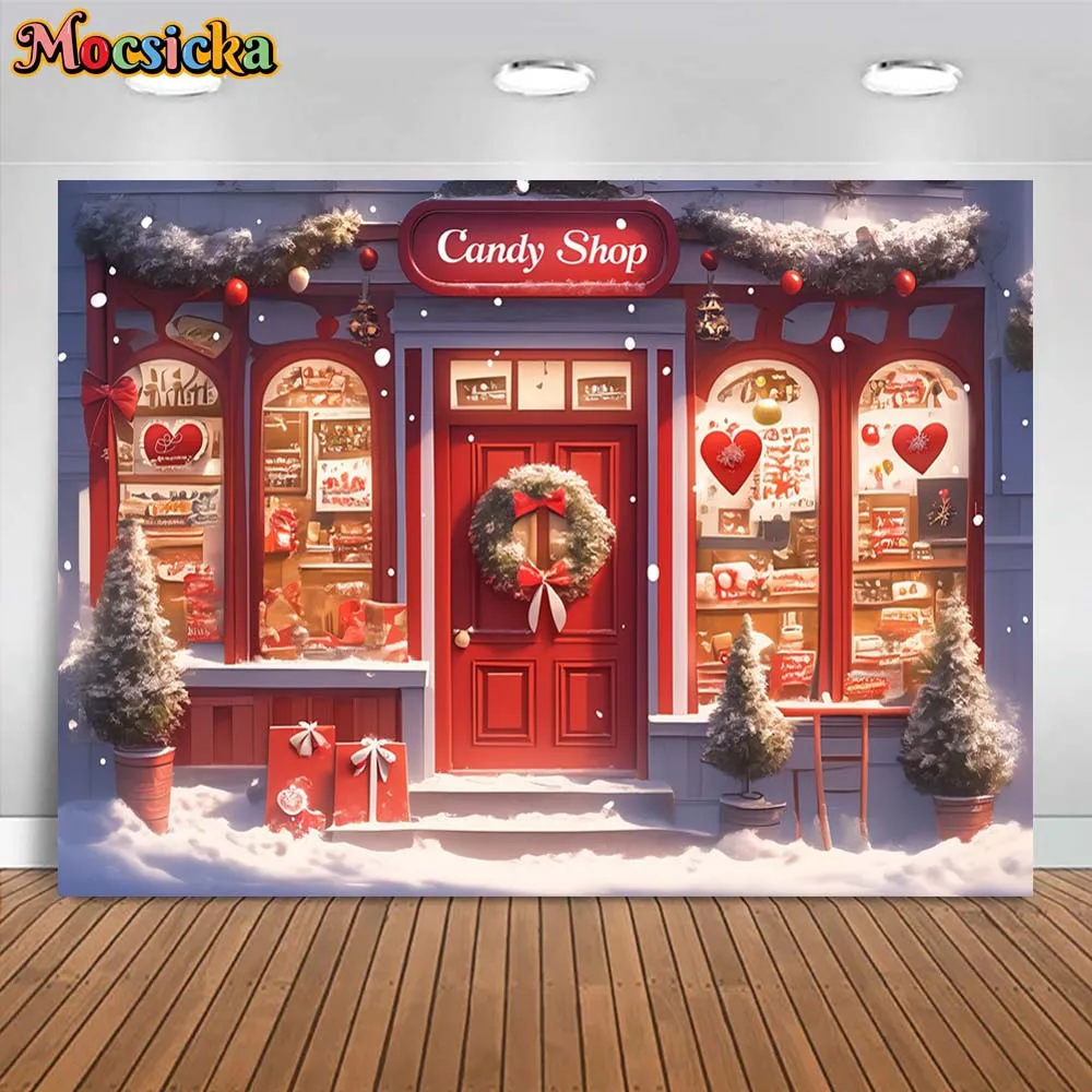 Mocsicka-Cenário De Natal De Inverno Para Fotografia, Loja De Doces, Porta Vermelha, Grinalda, Campo De Neve, Árvore De Natal, Foto Fundos Estúdio, Menina