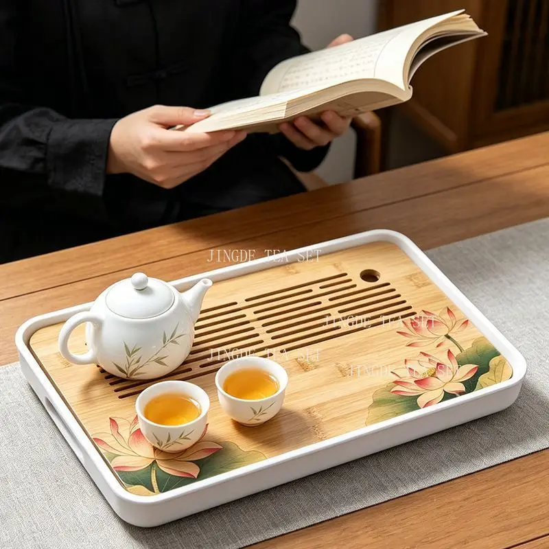 Rectangular Water Storage Bamboo Tea Tray Printed Lotus Pattern Slotted Drain Board White Base Gongfu Tea Serving Tray
