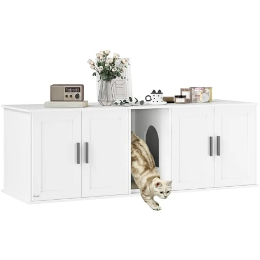 Cat Litter Box Enclosure for 2 Cats Hidden Litter Box Furniture with Double Room Scratching Mat Kitty Washroom Furniture 57 x 1