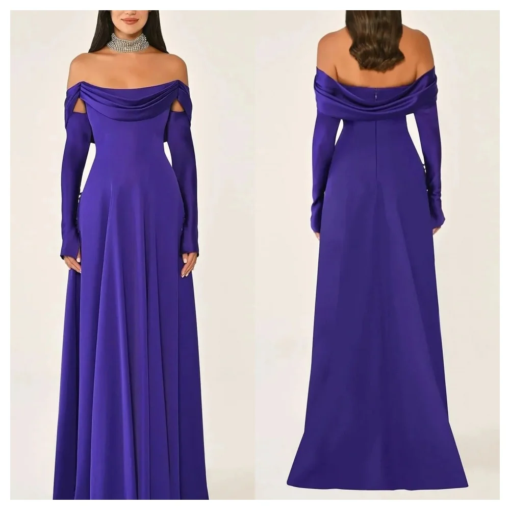 Fioletowa Sukienka Wieczorowa Szyta na Miarę z Dżerseju, Odkryte Ramiona, Długi Rękaw, Elegancka Sukienka na Imprezę dla Kobiet, Krój A-Line, Długa do Podłogi, Suknia na Bal